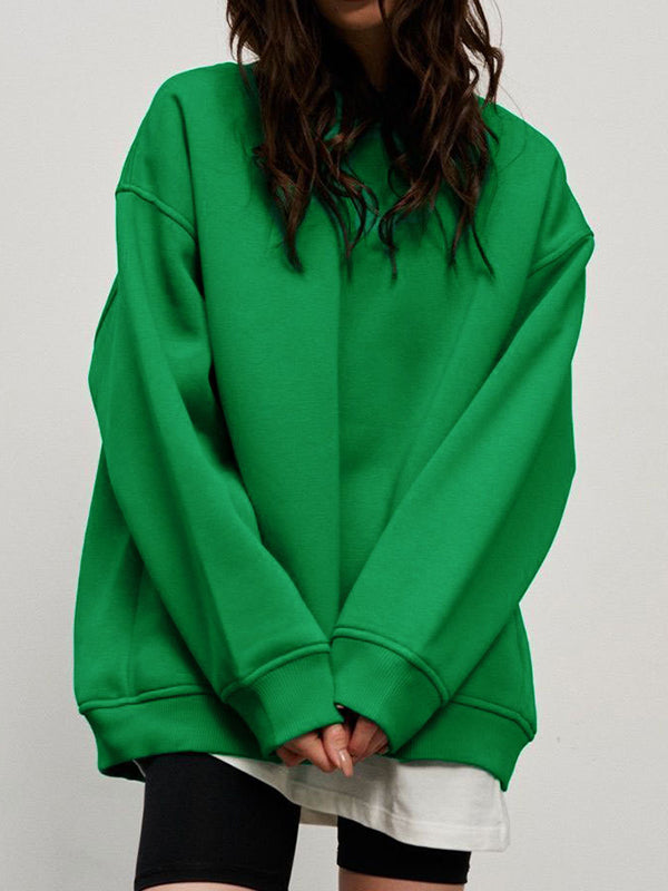 Long Sleeves Loose Solid Color Round-Neck Sweatshirt Tops