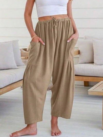 Column Loose Elasticity Pockets Solid Color Casual Pants Bottoms Trousers