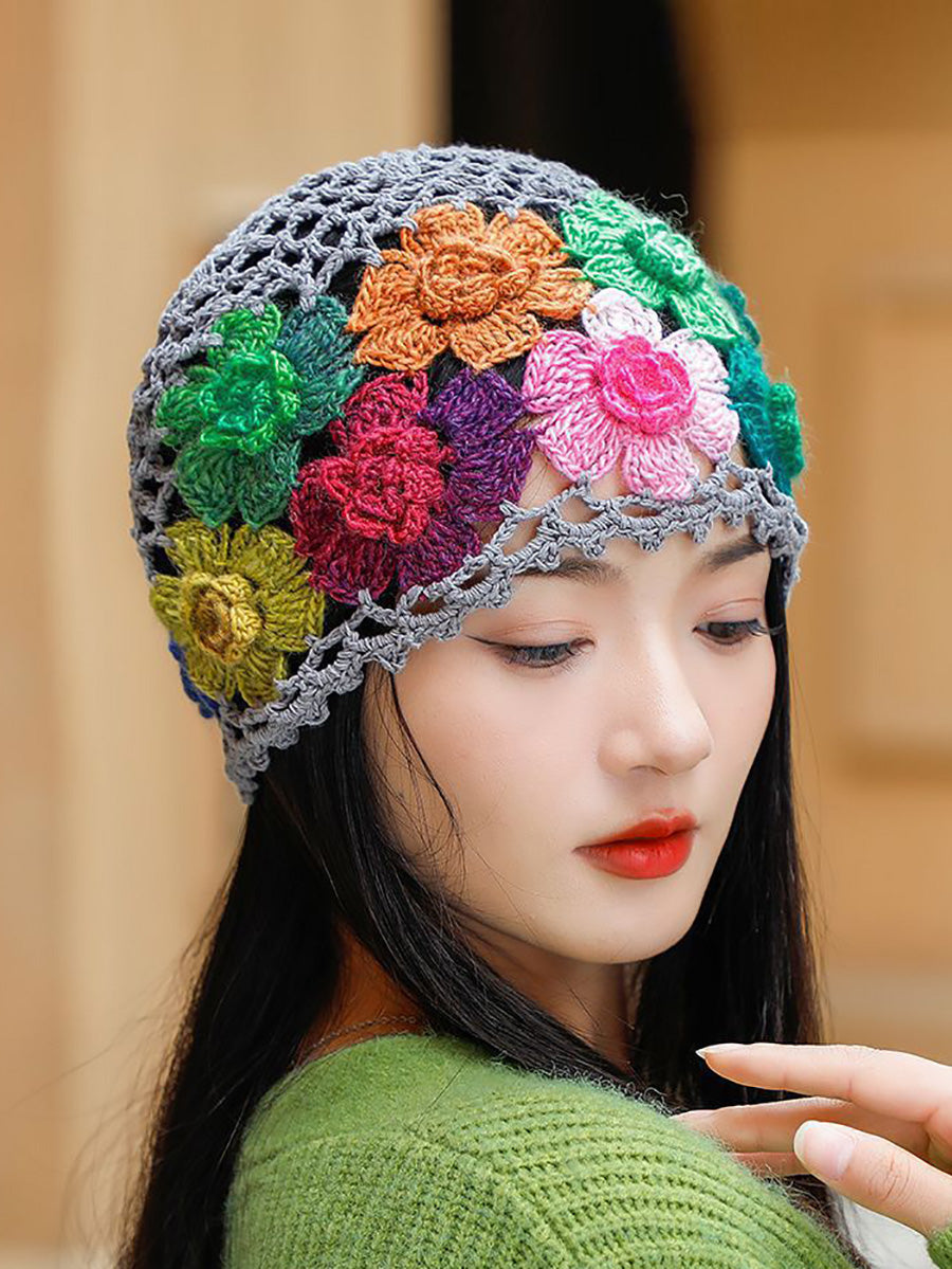 Women Artsy Colorful Flower Knit Hat