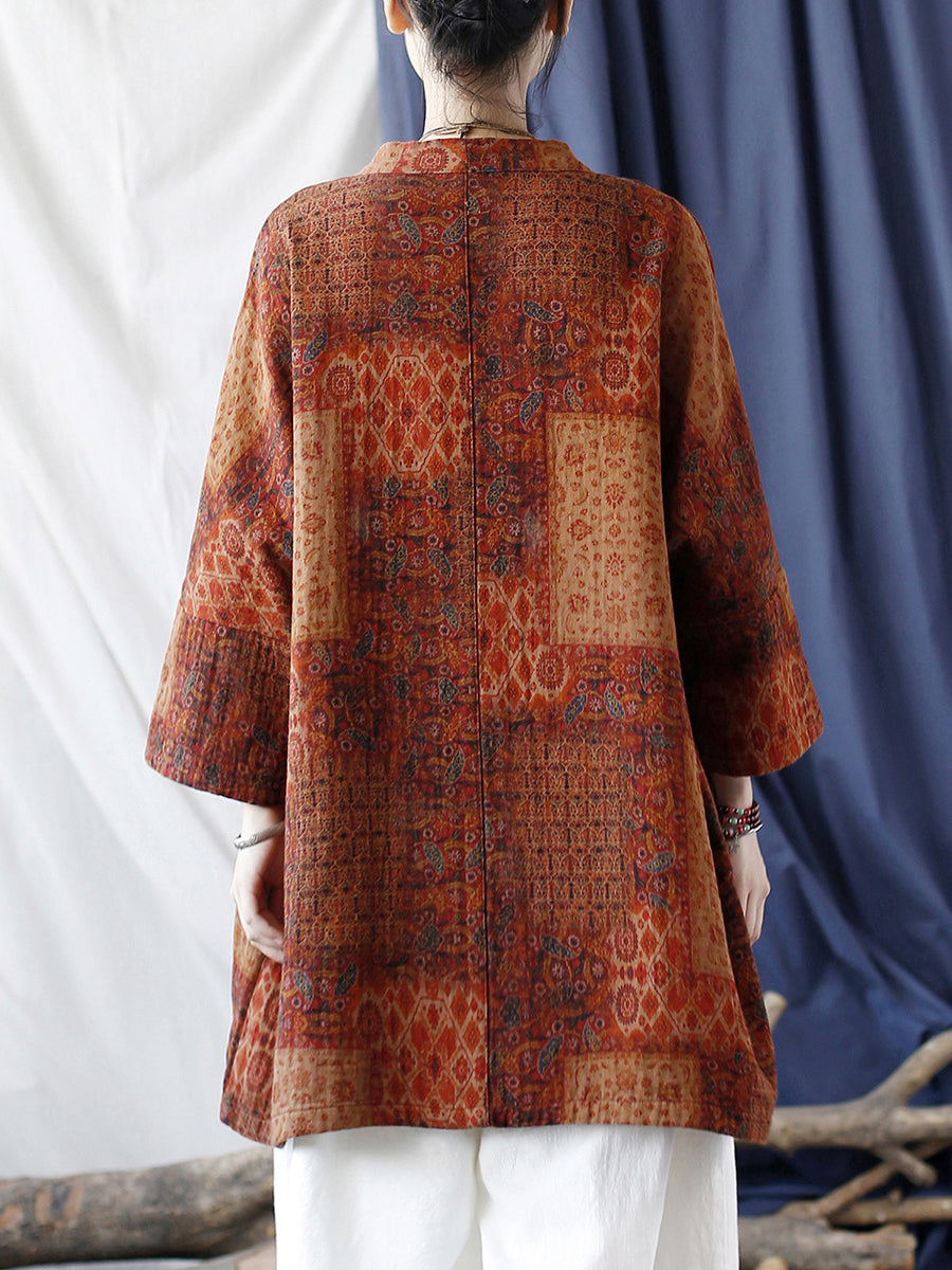 Plus Size  Women Autumn Ethnic Pocket Loose Print Loose Coat