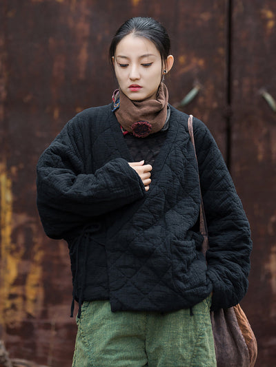 Women Winter Artsy Pure Color V-Neck Padded Coat