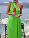 A-Line Loose Asymmetric Pleated Solid Color Tied One-Shoulder Maxi Dresses