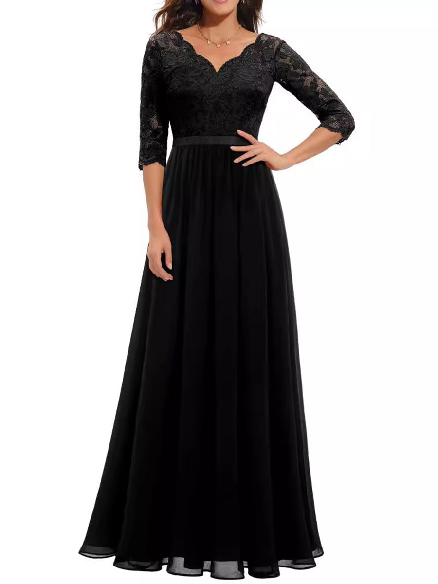 A-Line High Waisted Pleated See-Through Solid Color Split-Joint V-Neck Maxi Dresses
