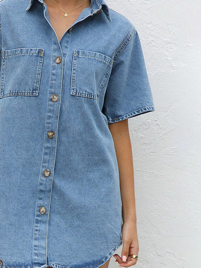 Loose Short Sleeves Split-Joint Lapel Mini Dresses Shirt Dress