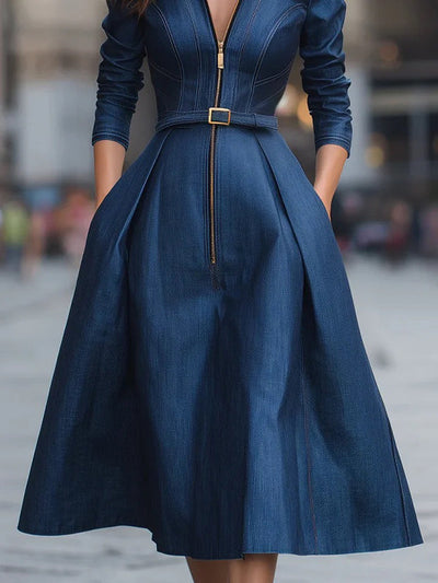 A-Line High Waisted Belted Pleated Pockets Zipper Lapel Midi Dresses