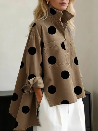 High-Low Irregularity Buttoned Contrast Color Pockets Polka-Dot Split-Joint Split-Side Stand Collar Blouses&Shirts Tops