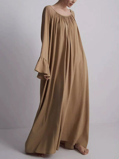 Flared Sleeves Loose Pleated Solid Color Split-Joint Round-Neck Maxi Dresses