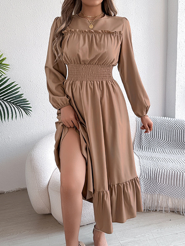 A-Line Elasticated Waist Pleated Solid Color Round-Neck Maxi Dresses