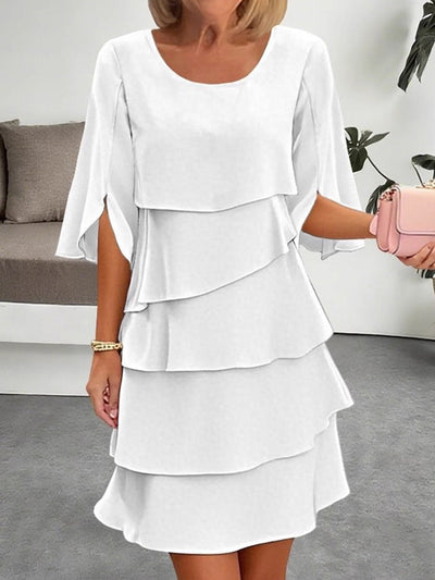 Half Sleeves Loose Layered Ruffled Solid Color Split-Joint Round-Neck Mini Dresses