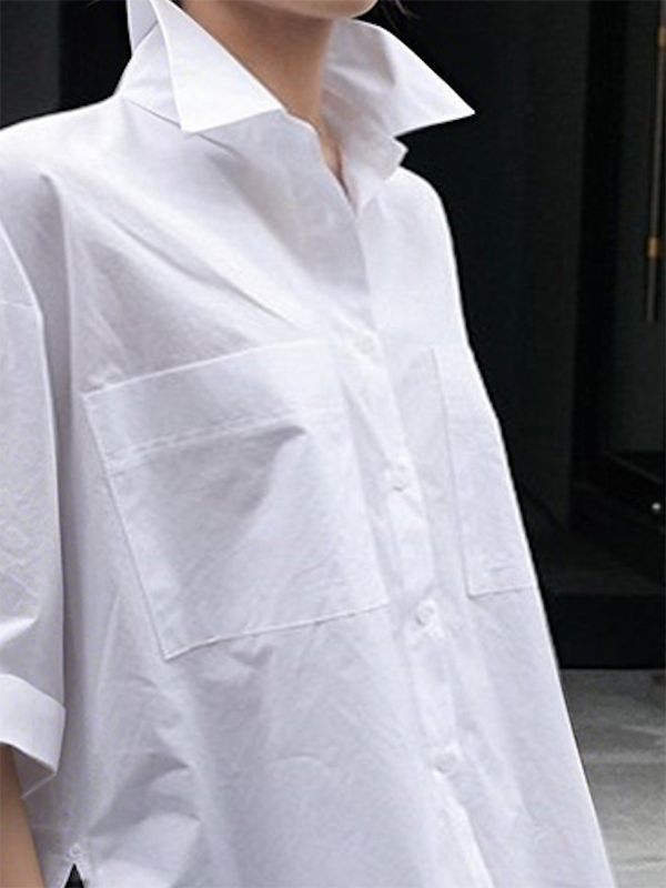 Half Sleeves Loose Buttoned Pockets Solid Color Lapel Blouses&Shirts Tops