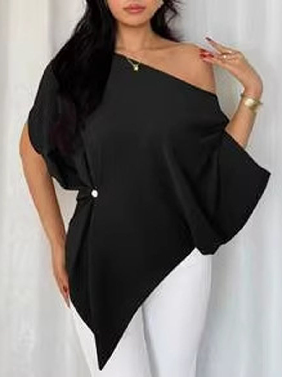 Batwing Sleeves Loose Asymmetric Pleated Solid Color One-Shoulder T-Shirts Tops