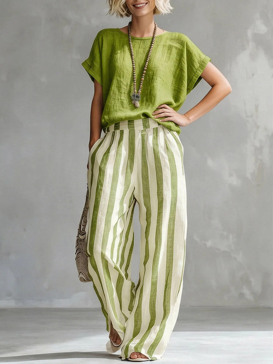 Plus Size Solid Color Round-Neck T-Shirts + Striped Pockets Contrast Color High Waisted Pants Trousers Two Pieces Set
