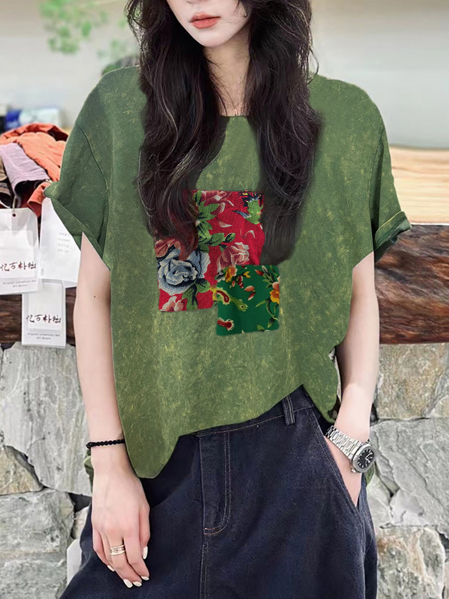 Plus Size Women Summer Patch Spliced 100%Cotton Shirt