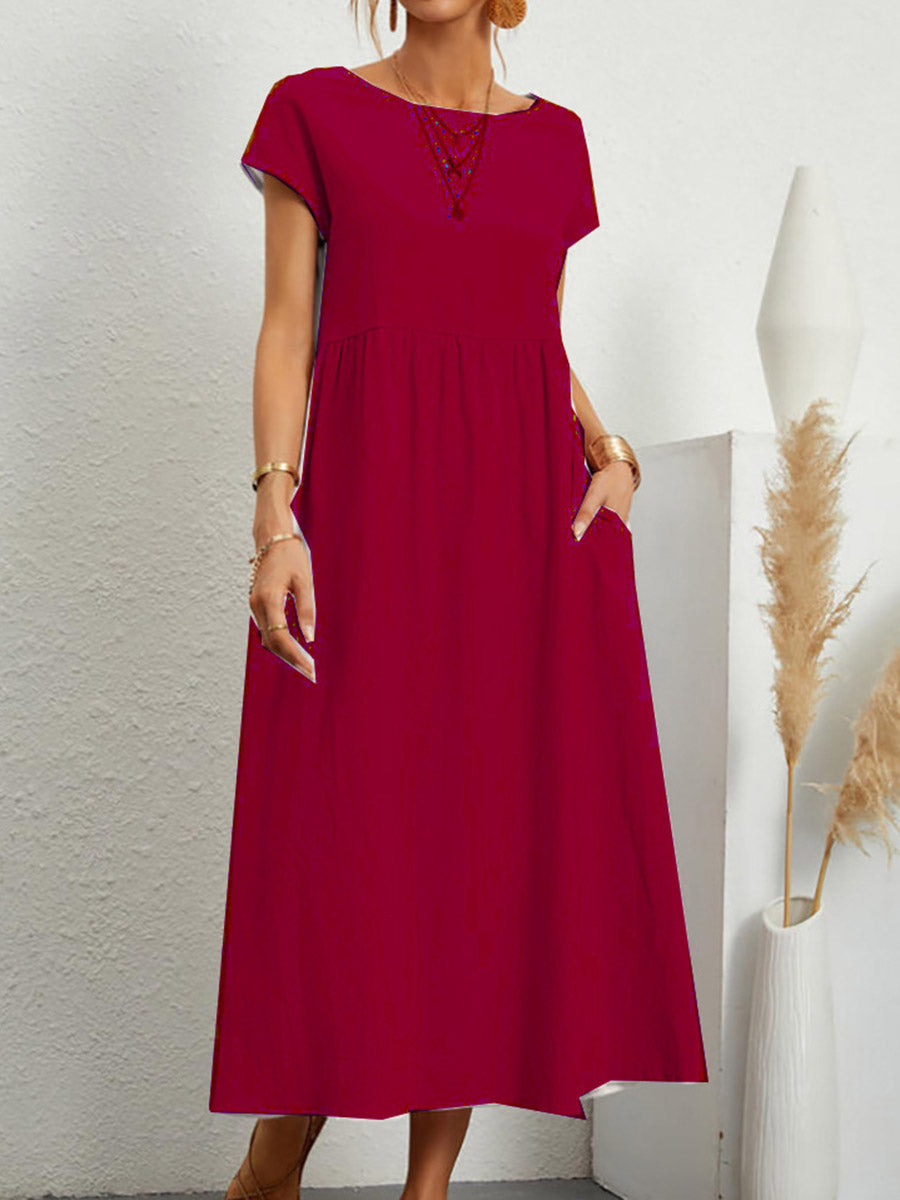 A-Line Plus Size Pleated Pockets Solid Color Round-Neck Midi Dresses