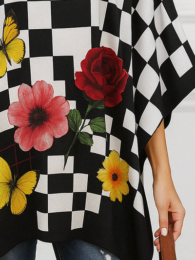 Loose Three-Quarter Sleeves Flower Print Plaid Mock Neck Blouses&Shirts Tops