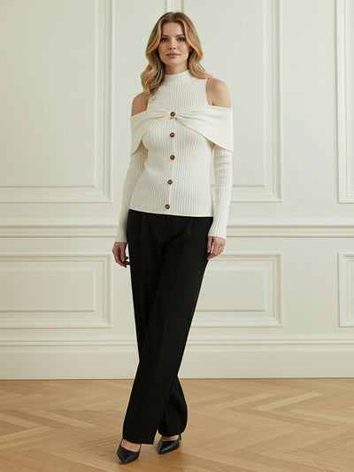 Long Sleeves Skinny Buttoned Pleated Ribbed Knit Cold Shoulder Knit Top