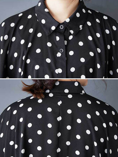 A-Line High-Low Asymmetric Buttoned Polka-Dot Lapel Midi Dresses Shirt Dress