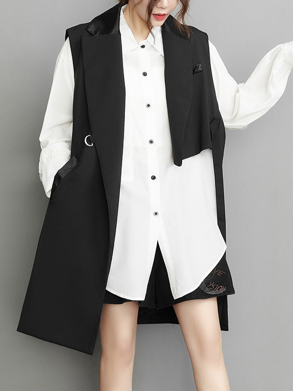 Sleeveless Asymmetric Pockets Tied Notched Collar Vest Outerwear