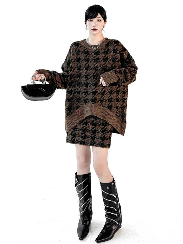 Contrast Color Split-Joint Ribs Shiny Swallow Gird/Houndstooth Round-Neck Sweater Tops + A-Line Elasticated Waist Skirts Bottoms  Two Pieces Set