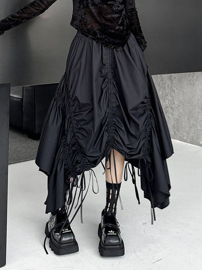 A-Line Elasticated Waist Asymmetric Drawstring Pleated Solid Color Skirts Bottoms
