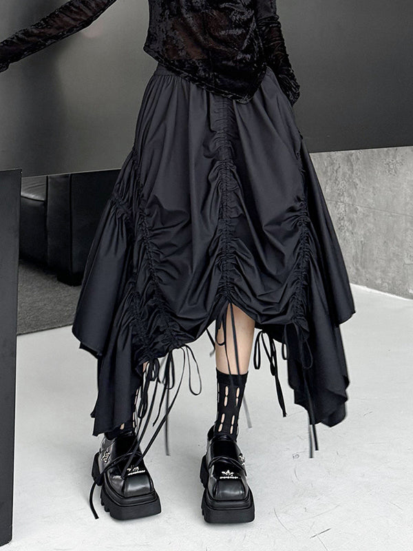 A-Line Elasticated Waist Asymmetric Drawstring Pleated Solid Color Skirts Bottoms