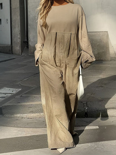 Long Sleeves Loose Pleated Pockets Split-Joint Round-Neck Jumpsuits
