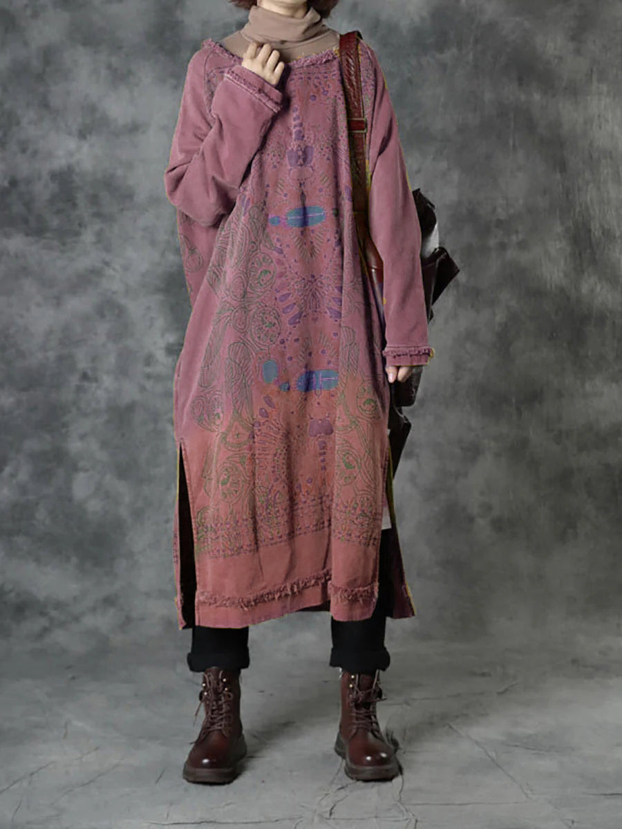 Plus Size Women Autumn Ethnic Print O-Neck Loose Cotton Dress