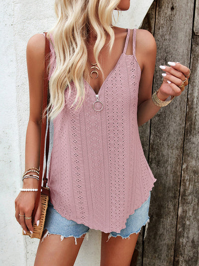 Loose Sleeveless Jacquard Solid Color Zipper Spaghetti-Neck Vest Top