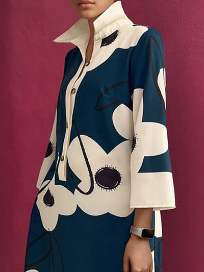 A-Line Loose Buttoned Flower Print Stand Collar Mini Dresses