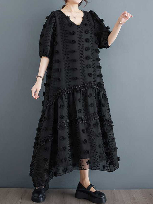 A-Line Half Sleeves Elasticity Jacquard Solid Color Split-Joint V-Neck Midi Dresses