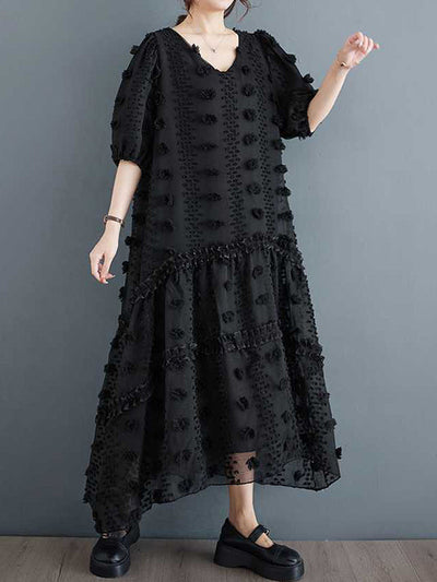 A-Line Half Sleeves Elasticity Jacquard Solid Color Split-Joint V-Neck Midi Dresses