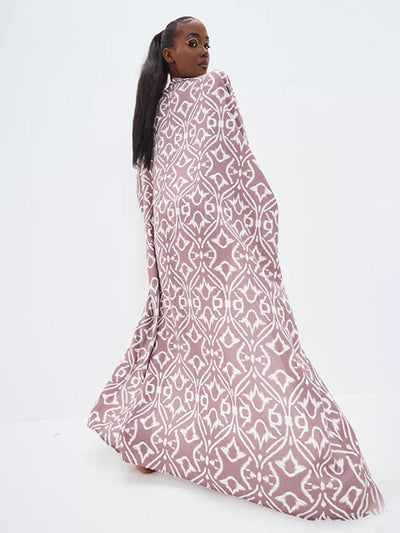 Batwing Sleeves Long Sleeves Contrast Color Printed Tied Waist Deep V-Neck Cover-Up