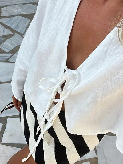 Lace-Up Solid Color V-Neck Blouses&Shirts Tops