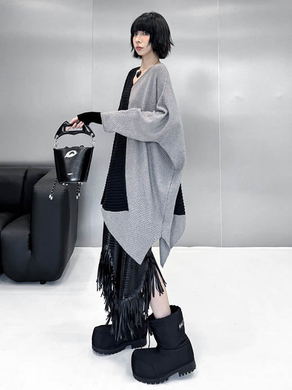 Batwing Sleeves Irregularity Asymmetric Contrast Color Split-Joint Textured V-Neck Sweater Tops