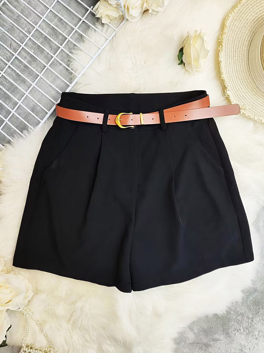High Waisted Loose Belted Solid Color Shorts Suit Pants