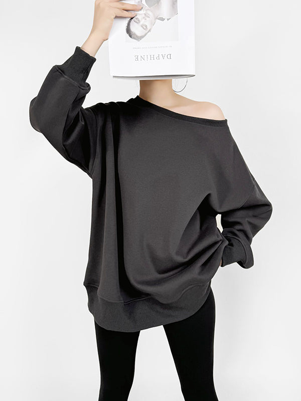 Long Sleeves Loose Solid Color Split-Joint Round-Neck Sweatshirt Tops