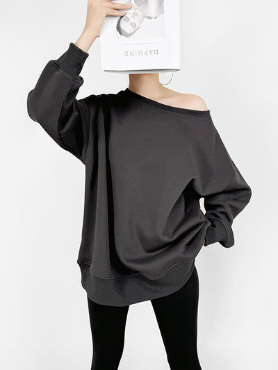 Long Sleeves Loose Solid Color Split-Joint Round-Neck Sweatshirt Tops