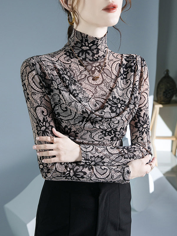 Long Sleeves Flower Print Pleated Mock Neck T-Shirts Tops