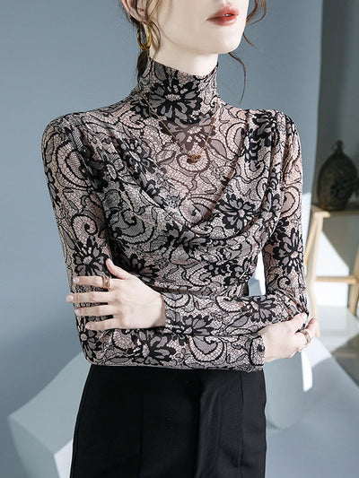 Long Sleeves Flower Print Pleated Mock Neck T-Shirts Tops