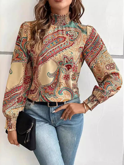 Long Sleeves Loose Buttoned Elasticity Flower Print Hollow Split-Joint Mock Neck Blouses&Shirts Tops