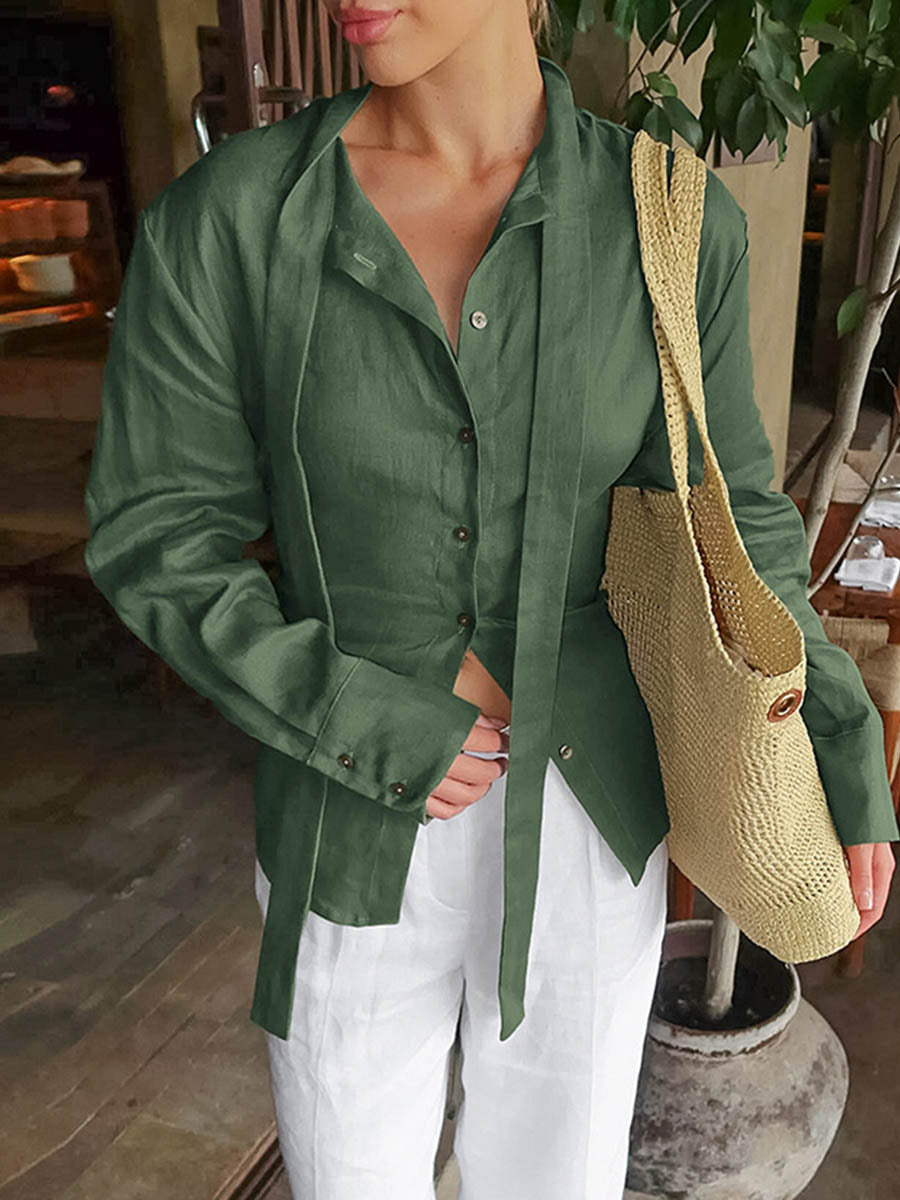 Long Sleeves Buttoned Solid Color Streamer Lapel Blouses&Shirts Tops
