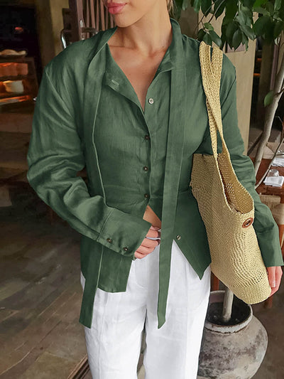 Long Sleeves Buttoned Solid Color Streamer Lapel Blouses&Shirts Tops