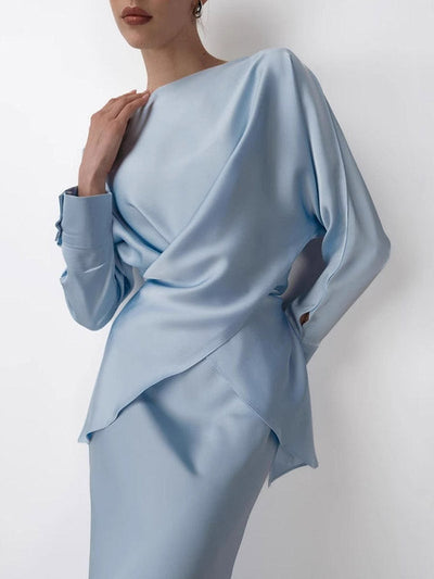 Loose Solid Color Split-Joint Boat Neck Long Sleeves Blouse & Shirt + Skirt Two Pieces Set