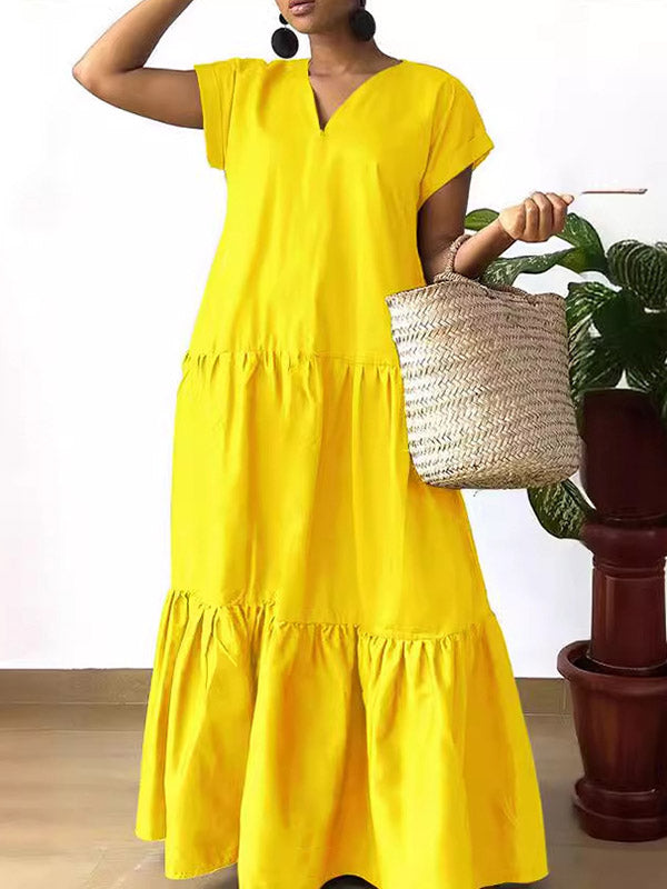 A-Line Loose Pleated Solid Color Split-Joint V-Neck Maxi Dresses