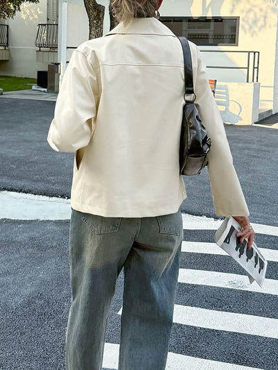 Long Sleeves Pockets Solid Color Zipper Lapel Jackets Overcoat