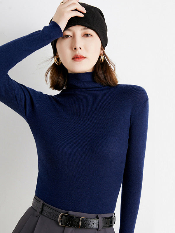 Simple Skinny Long Sleeves Solid Color High-Neck Sweater Tops Pullovers