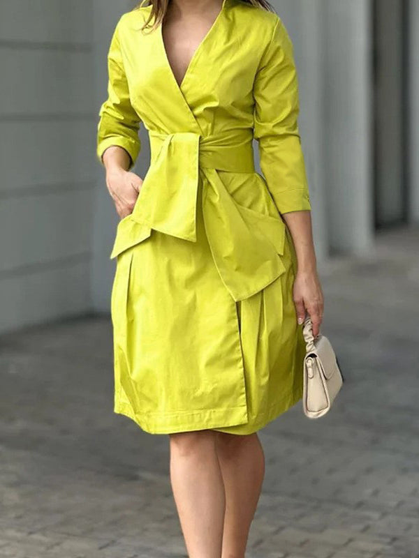 Long Sleeves Solid Color Tied Waist Deep V-Neck Mini Dresses