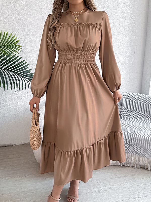 A-Line Elasticated Waist Pleated Solid Color Round-Neck Maxi Dresses