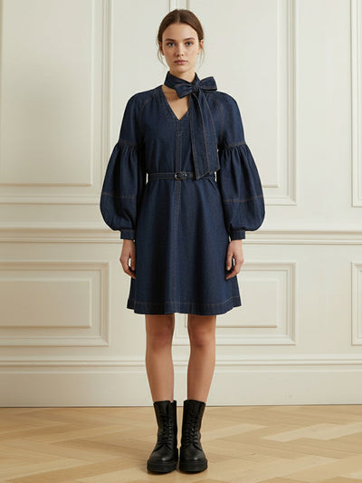 Long Sleeves Puff Sleeves Belted Bow-Embellished Solid Color V-Neck Mini Dresses