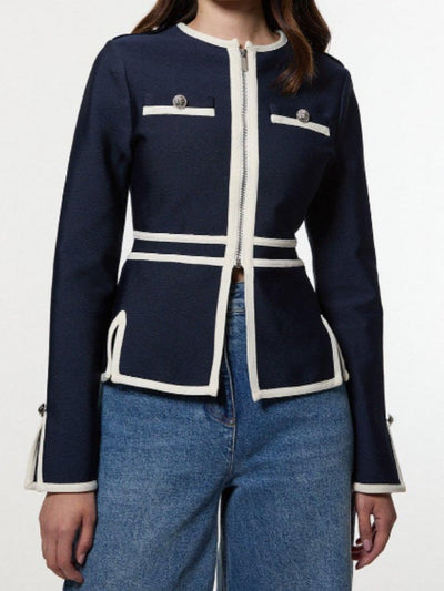 Long Sleeves Buttoned Contrast Color Split-Side Zipper Round-Neck Outerwear